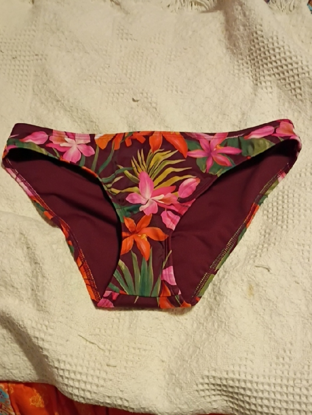 Shade & Shore Burgundy Floral Bikini Bottoms with Orange & Pink Accents